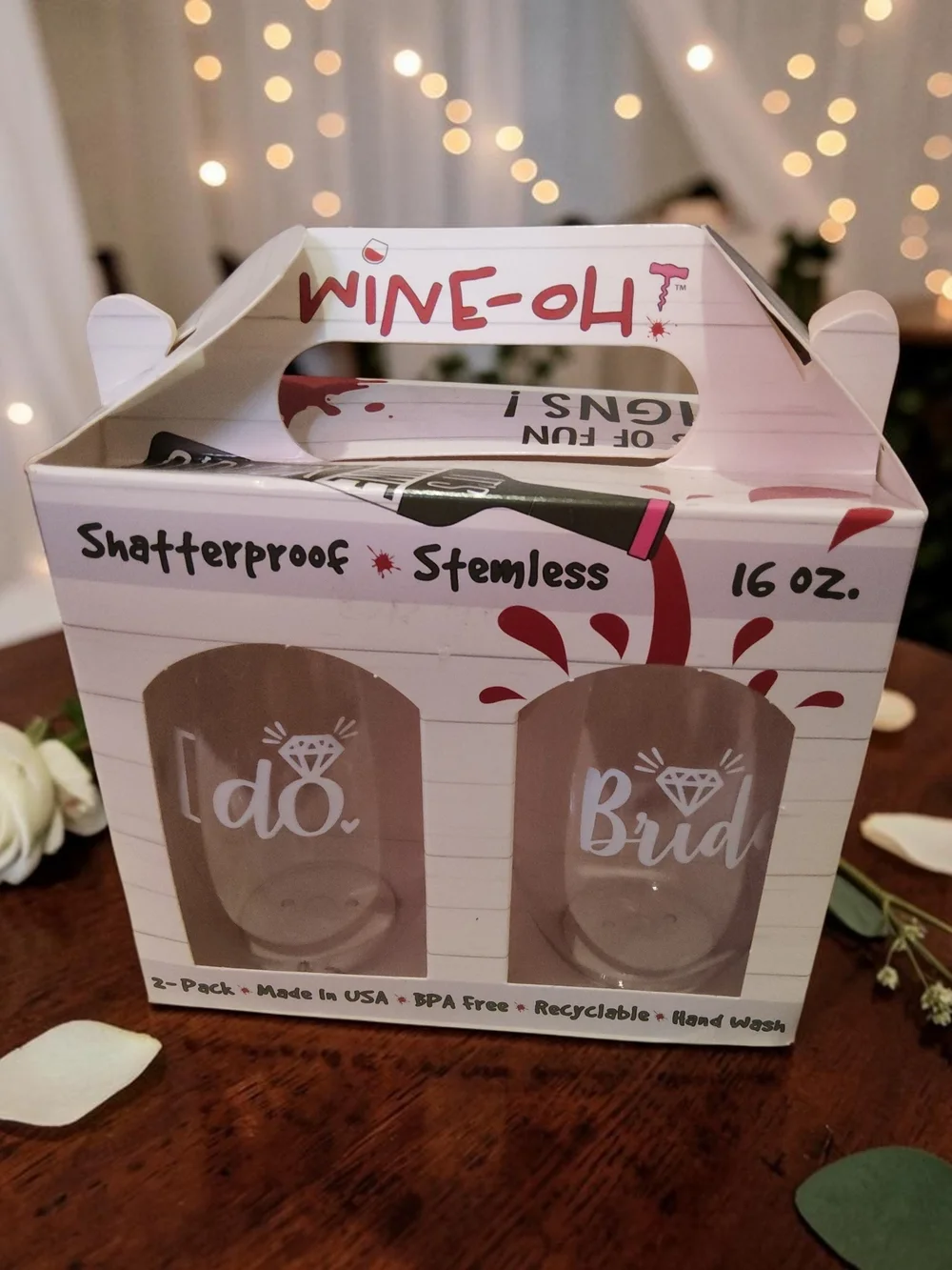 Stemless Bridal 16 oz Glasses - White  Design (2-Pack)